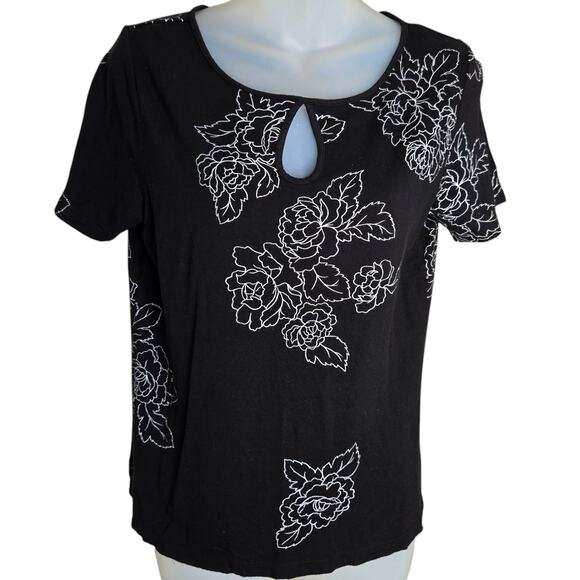 Emma James Womens‎ Floral Top Medium Black White Stretch Cottagecore Whimsygoth - Picture 1 of 7